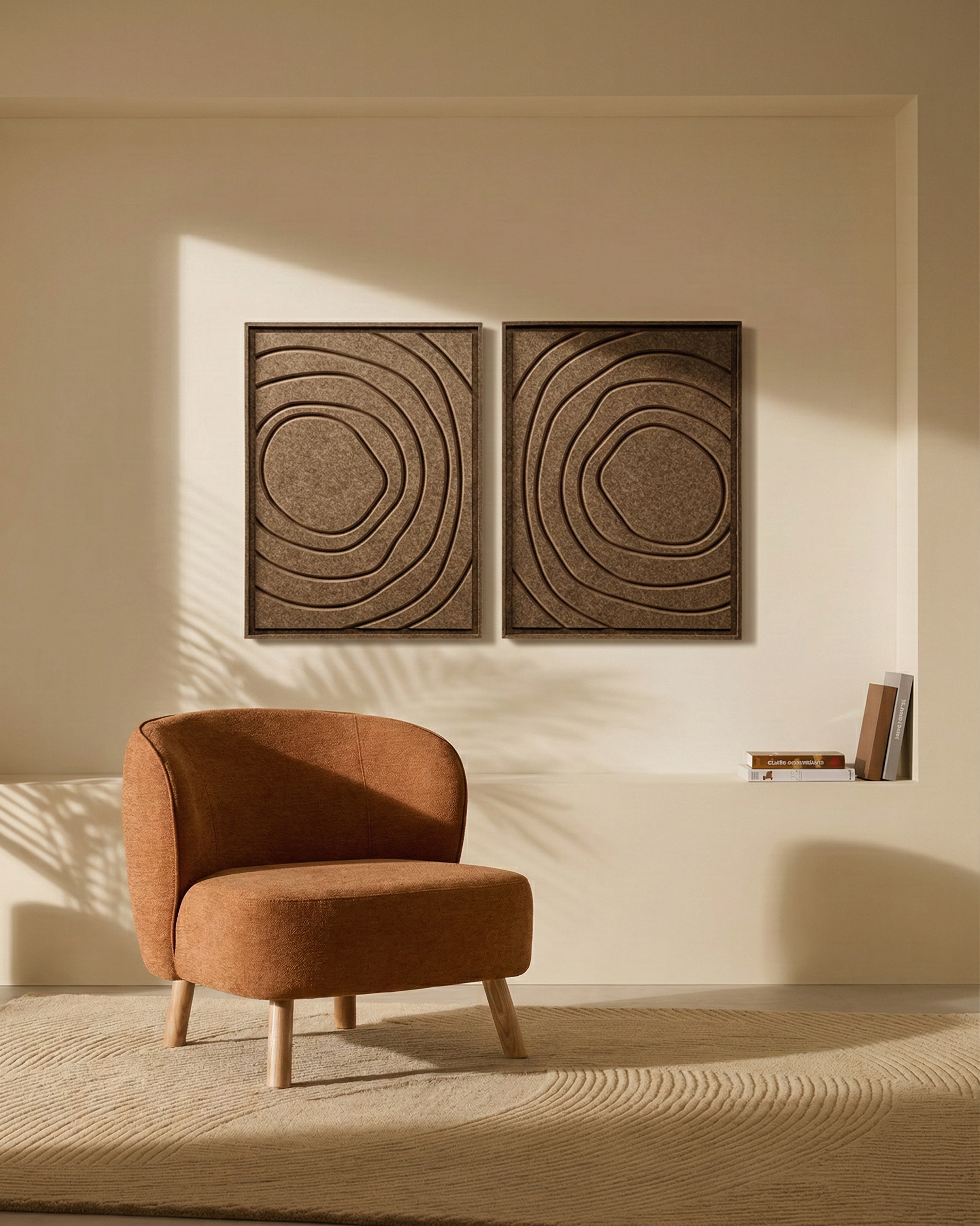 Deux panneaux FeltArt Aura Olive Mist dans un intérieur contemporain