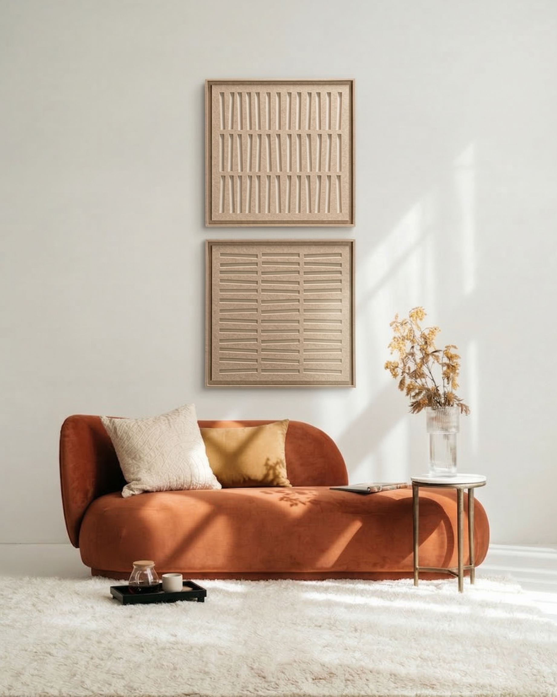 Deux panneaux FeltArt Harmoni Pale Sand dans un intérieur contemporain