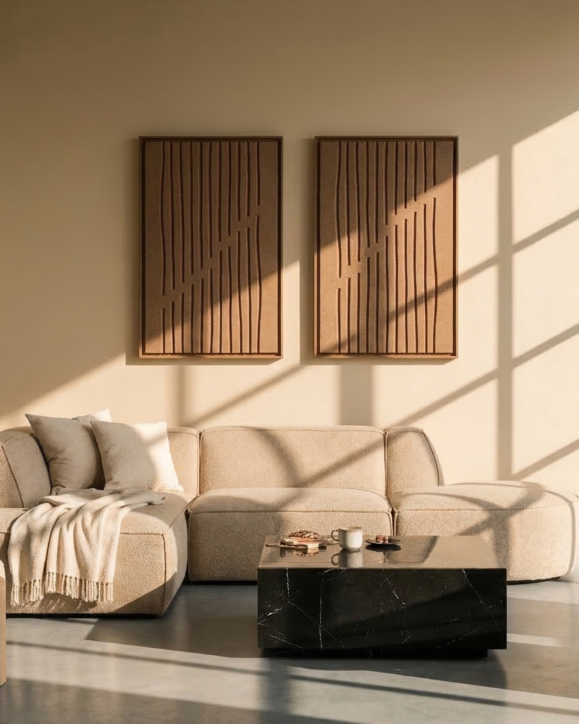 Deux panneaux FeltArt Linoa Soft Dune dans un intérieur contemporain