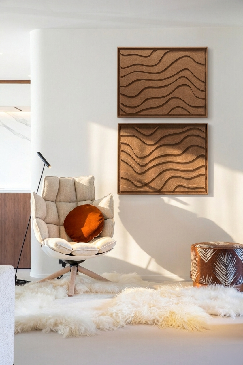 Deux panneaux FeltArt Oasis Soft Dune dans un intérieur contemporain