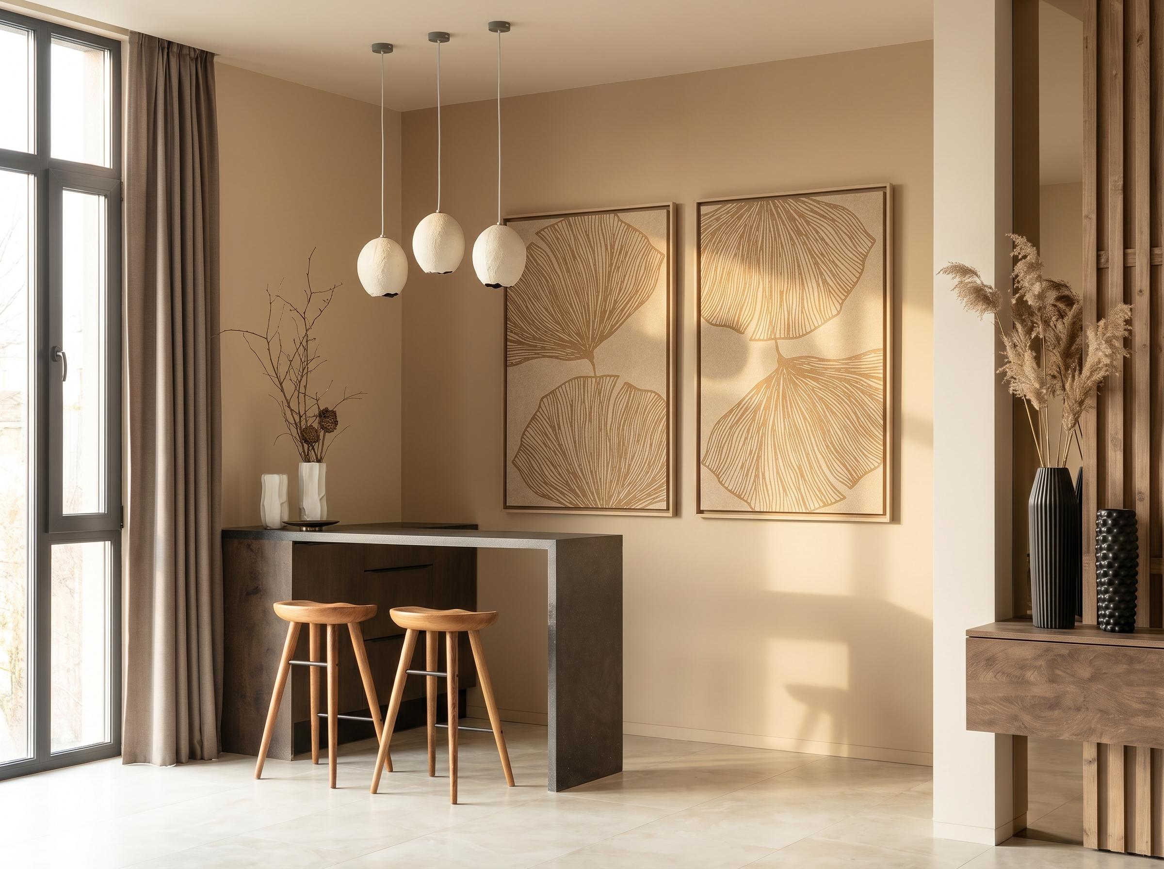 Deux panneaux FeltArt Verdure Pale Sand dans un intérieur contemporain